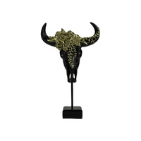 1pce 31cm Black & Gold Cow Skull On Stand Home Décor Floral Head Piece Design