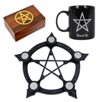 3pce Pentagram Goth Set Trinket Box, Mug & Candle Holder Gift Bundle Spiritual
