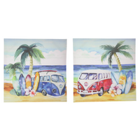 2pce Combi Van Canvases Set Retro Blue Beach Themed Canvas Print Tropical Vibe