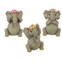 3pce Elephants Set See, Hear, Speak No Evil Ornaments Grey & Pink Floral Design 9cm Polyresin