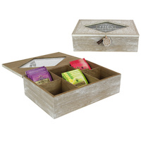 24cm Wooden Tea Box with French Wording & Mandala Style Decor