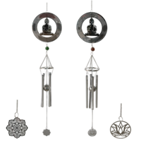 Pair of Silver Buddha Feature Spinners with Windchimes, Suncatchers