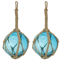 2x Glass Beach Buoys Set Aqua Blue With Rope Hanging 18cm Diameter