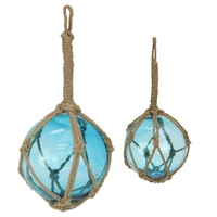 Glass Beach Buoys Set 2 Sizes Aqua Blue With Rope Hanging 2 Piece