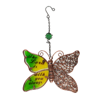 Metal Hanging Wall Art Butterfly with Green Glass Inspirational Quote 10cm