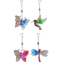 10cm Metal & Glass Hanger Set of 4 - Blue Butterfly, Pink, Green Bird & Dragonfly