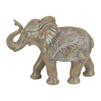 Elephant Ornament Trunk Up Brown Deco Engraved Features 25cm Resin 1 Piece