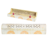 Incense Sticks & Cone Holder Box Mandala White Wash Wooden 30cm Coffin