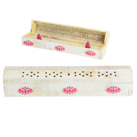 Incense Sticks & Cone Holder Box Lotus White Wash Wooden 30cm Coffin
