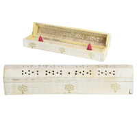 Incense Sticks & Cone Holder Box Tree of Life White Wash Wooden 30cm Coffin