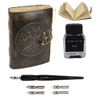 Journal + Calligraphy Ink & Pen Set Antique Leather Spell Book Tree of Life 18cm