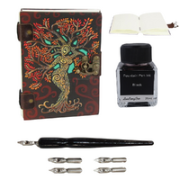 Journal + Calligraphy Ink & Pen Set Antique Tree of Life Coptic Bind Leather 20cm