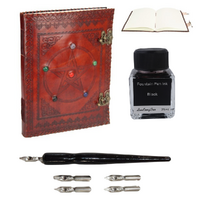 Brown Leather Journal + Calligraphy Ink & Pen Set Pentagram Spell Book 33cm
