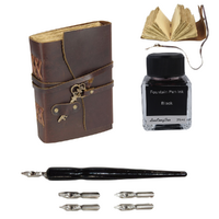 Leather Journal + Calligraphy Ink & Pen Set Antique Key in Vintage Style Book 18cm