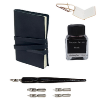 Black Pocket Journal Leather + Calligraphy Ink & Pen Set 10cm Mystic Spell Book