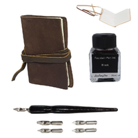 Dark Brown Pocket Journal Leather + Calligraphy Ink & Pen Set 10cm Mystic Book