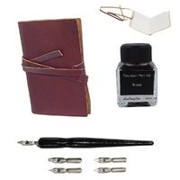 Mid Brown Pocket Journal Leather + Calligraphy Ink & Pen Set 10cm Mystic Book