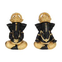 2x Ganesh Statues Set Black & Gold Colours Meditating & Praying 17cm Resin