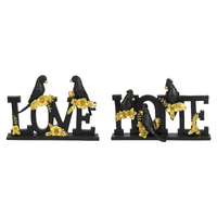 2pce Home & Love Plaques Set Ornament Black & Gold Birds 18cm Resin