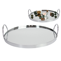 Mirror Tray with Handles Bar & Drink Serveware 25cm Round Metal Frame