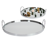 Mirror Tray with Handles Bar & Drink Serveware 30cm Round Metal Frame