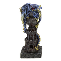 16cm Blue Dragon Sitting on Tower - Fantasy Resin Figurine Decor