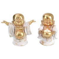 16cm Gold/Grey Happy Buddha Set of 2 - Hands Up & Tea-light Candle Holder