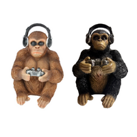 18cm Gaming Monkey with Headphones, Set of 2 Black and Brown Gamer Figurine Decor