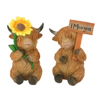 12cm Highland Cow Figurine with Sunflowers and 'I Moo You' Sign - Cute Farm Decor