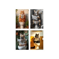20x30cm Tin Sign Set of 4 ร Funny Cat & Dog Reading at the Toilet Metal Wall Dยcor