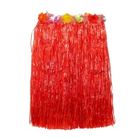 2 x 60cm Red Hawaiian Tropical Hula Grass Skirts with Flowers Theming