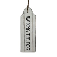 22cm Door Hanging “WALKING THE DOG” Sign Plaque, Wooden, White Wash