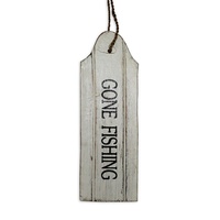 22cm Door Hanging “GONE FISHING” Sign Plaque, Wooden, White Wash with Blue Words