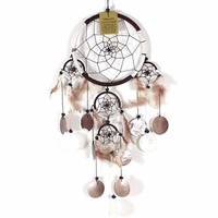 16cm Dream Catcher Brown/White Web Design with Feathers, Shells, Beads