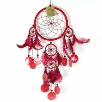 16cm Dream Catcher Red Web Design with Pink Feathers, Shells, Beads