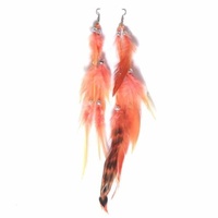 Pair of Orange Baby Pink 20cm Feather Earrings with Silver Beads, Costume Accessory Craft