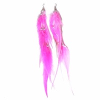 Pair of Pink 20cm Feather Earrings with Silver Beads, Costume Accessory