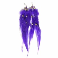 Pair of Purple 20cm Feather Earrings with Gold Beads, Costume Accessory