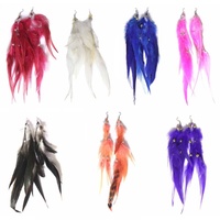 Pair of Colour Feather Earrings 20cm with Silver or Gold Beads, Costume Accessory Craft