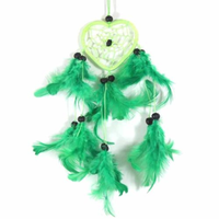 6.5cm Heart Dream Catcher Lime Green Web Design with Feathers, and Beads
