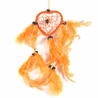 6.5cm Heart Dream Catcher Hot Orange Web Design with Feathers, and Beads