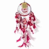 12cm Dream Catcher Red & Pink Metallic Web Design with Feathers and Beads