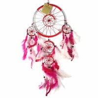 Red 16cm Dream Catcher Metallic Web Design with Pink & White Feathers and Beads