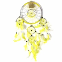 Yellow 16cm Dream Catcher Metallic Web Design with Feathers and Beads