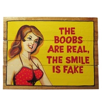 Boobs are real smile is fake Man Cave 40x31cm Wooden Hanging Sign Beach Theme