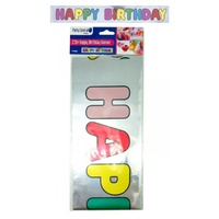 Happy Birthday Banner - 2.5mx13cm. Metallic Silver Background & Coloured Letters