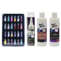Pouring Paint Basics Set Medium, Silicone Oil, Iridescent Varnish & Glitter Starter Pack