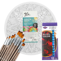 Mont Marte Colour in Mandala Sun Round Canvas Kit, Acrylic Paint & Brushes