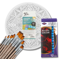 Mont Marte Colour in Geometric Shapes Round Canvas Kit, Acrylic Paint & Brushes