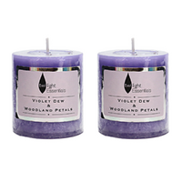 2x Pillar Candles Set Violet Dew & Woodland Petals Scented 6.8x7.5cm